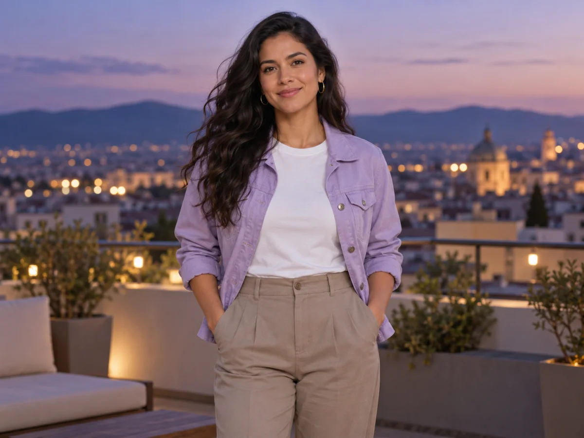 Retrato com vista urbana Mulher de blazer claro em um terraço com vista urbana